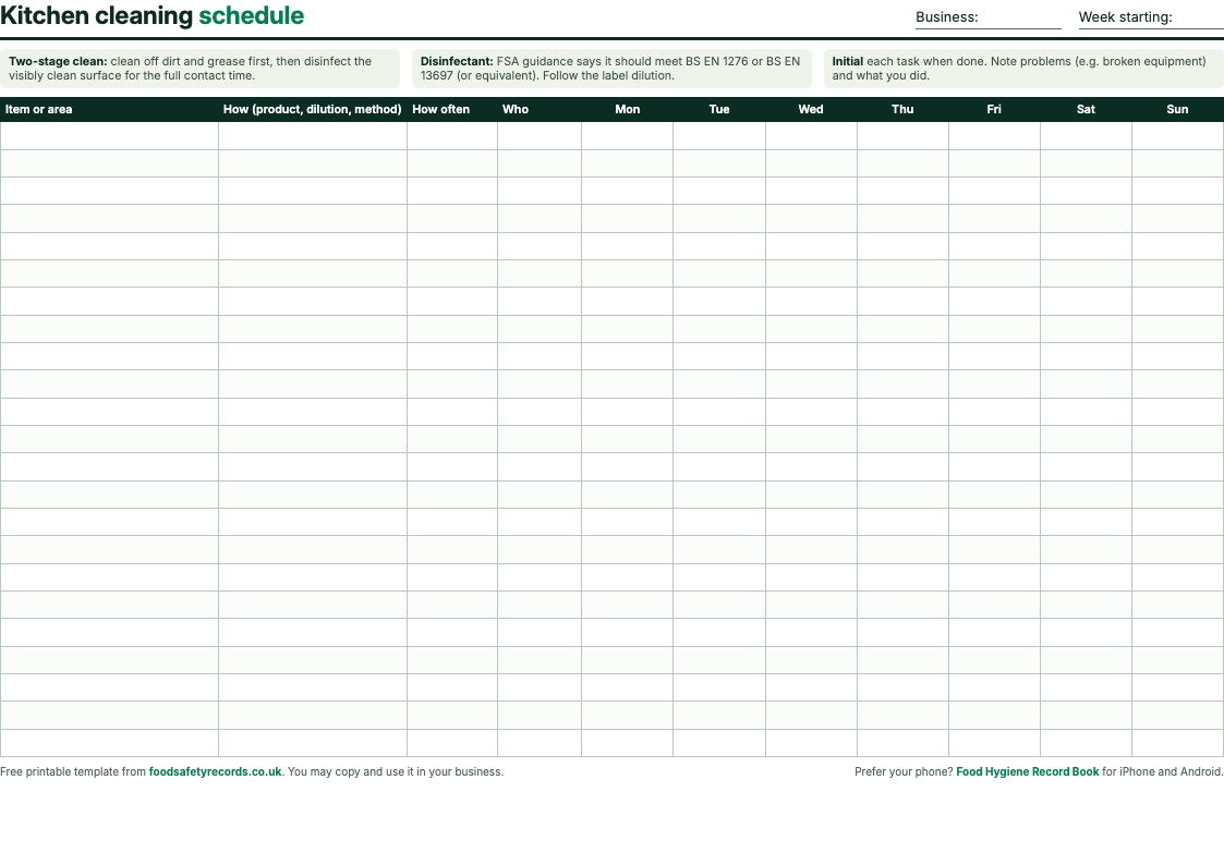 Preview of the kitchen cleaning schedule