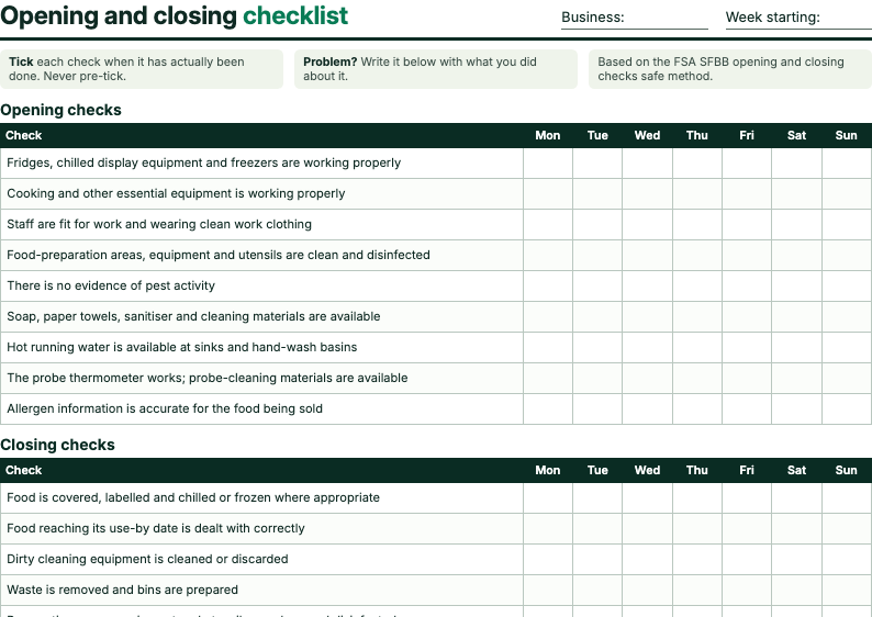 Preview of the top of the opening and closing checklist