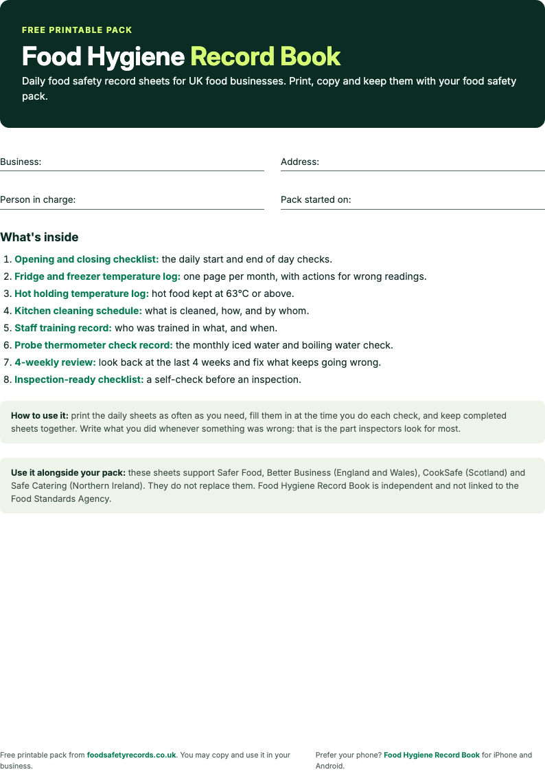 Cover page of the free Food Hygiene Record Book printable pack, listing the eight sheets inside