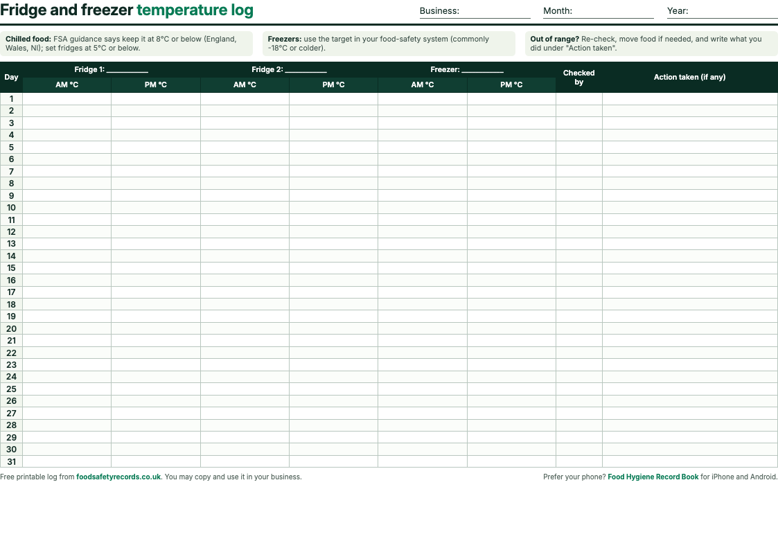 Preview of the printable fridge and freezer temperature log with 31 daily rows