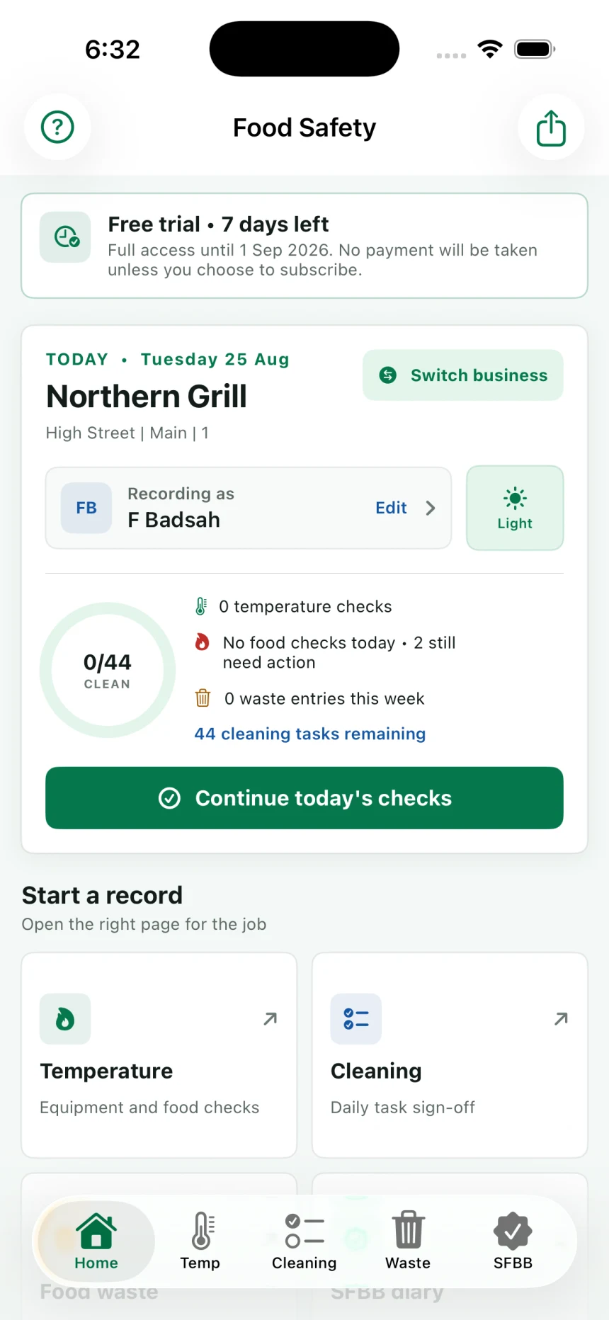 Current Food Hygiene Record Book home dashboard