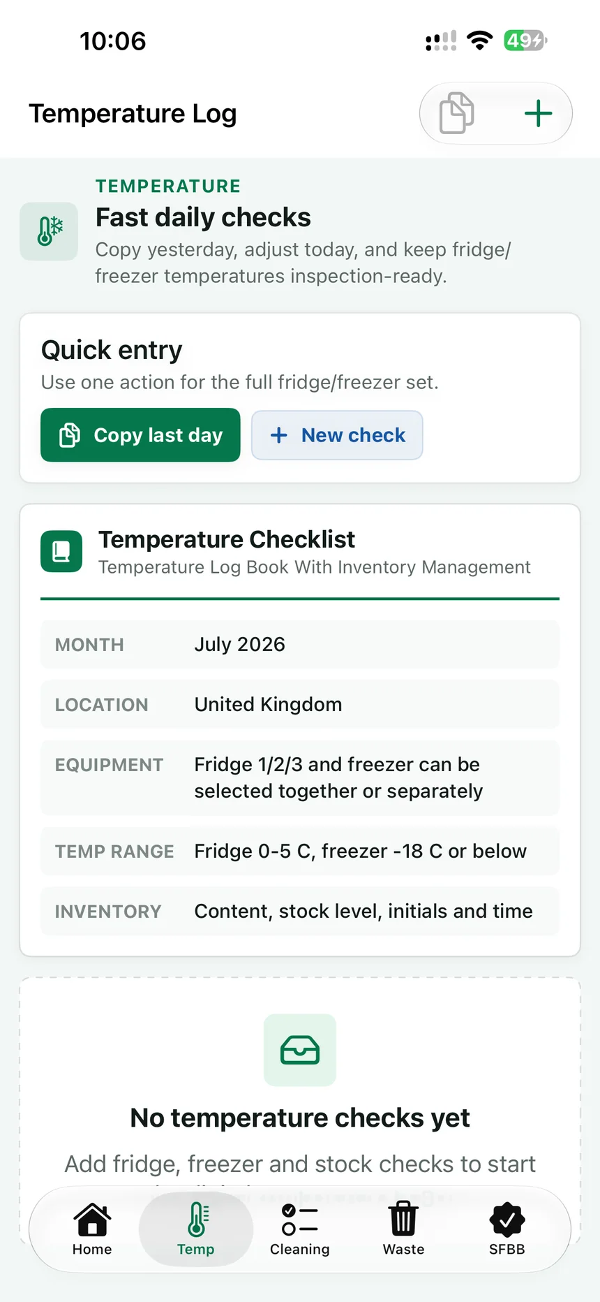 Temperature Log screen showing quick entry and a temperature checklist