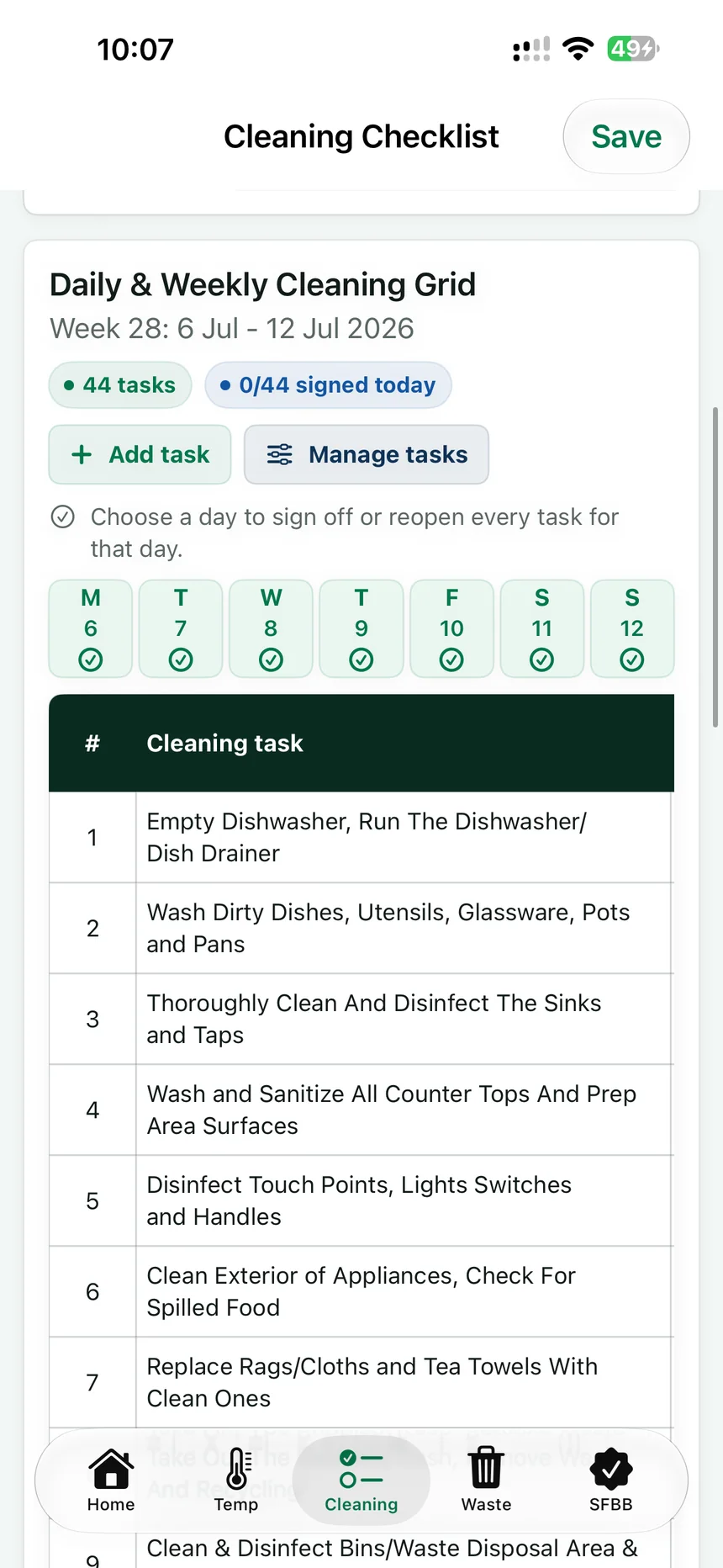 Weekly cleaning grid showing editable kitchen cleaning tasks