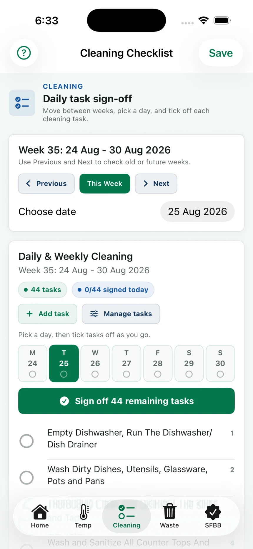 Current cleaning checklist with week controls and editable tasks