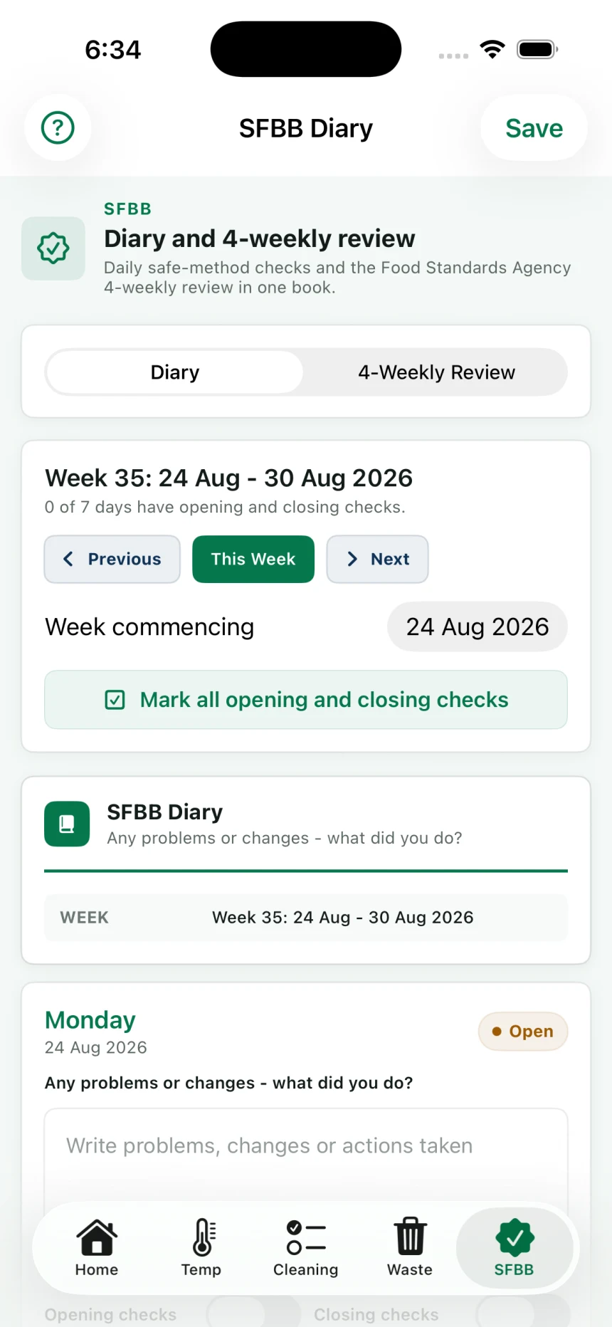 SFBB diary in Food Hygiene Record Book showing dated daily records