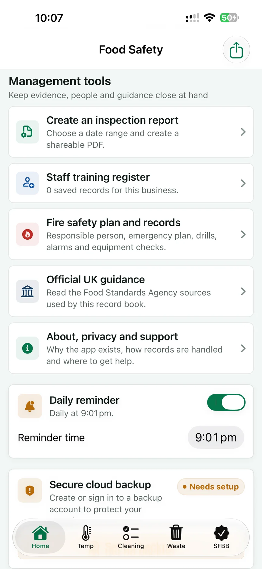 Management tools for reports, staff training, fire safety and official guidance