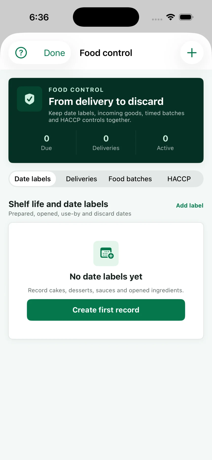 Food Control workspace showing date labels, deliveries, food batches and HACCP sections
