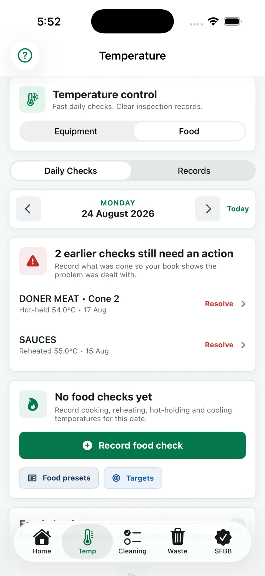 Food temperature checks for cooking, reheating, hot holding and cooling