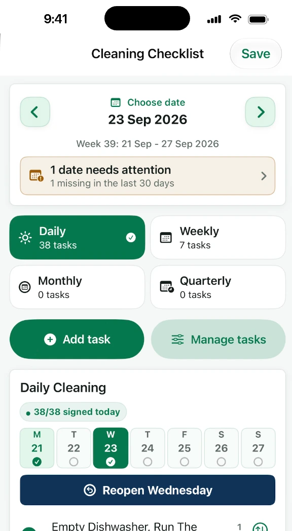 Cleaning checklist with daily, weekly, monthly and quarterly tasks