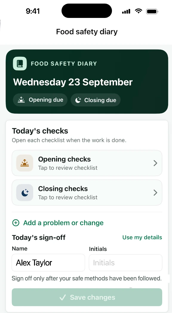 Food safety diary with today's opening and closing checks and sign-off