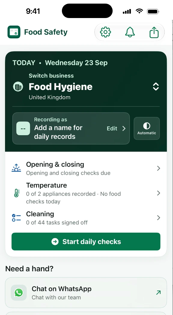 Home screen with today's opening, temperature and cleaning checks