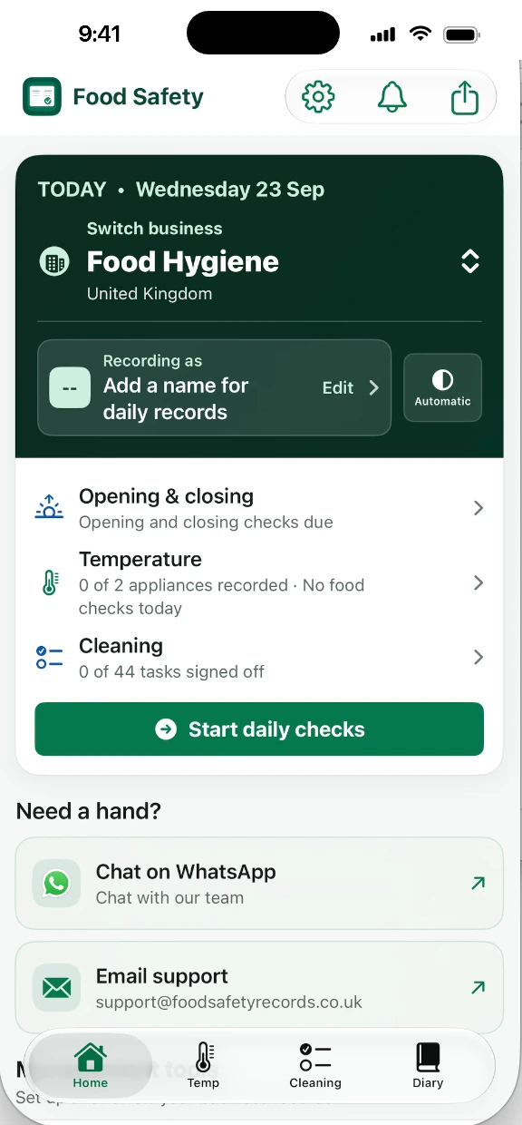 The Food Hygiene Record Book home screen showing today's opening checks, temperatures and cleaning