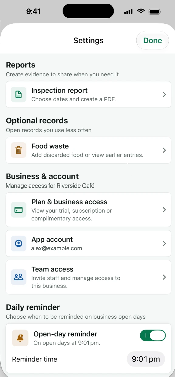 Settings with inspection reports, food waste, plan and team access